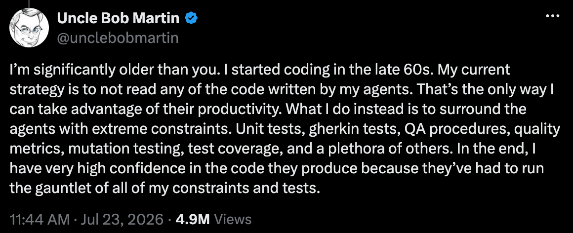Screenshot of a tweet by Robert C. Martin, July 23, 2026